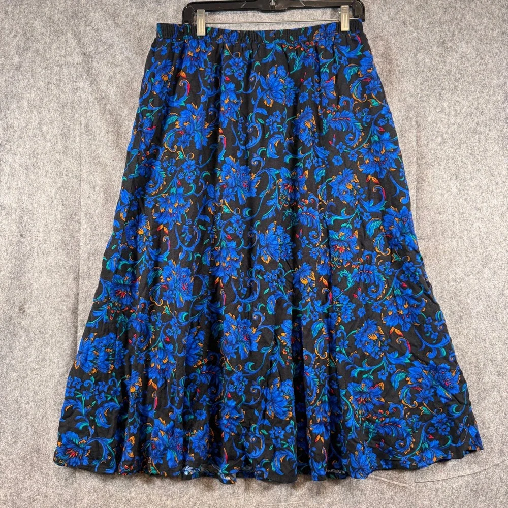 Vtg Artsy Boho Maxi Skirt Womens 1X Floral Boho Floral Dark Romantic Black Blue